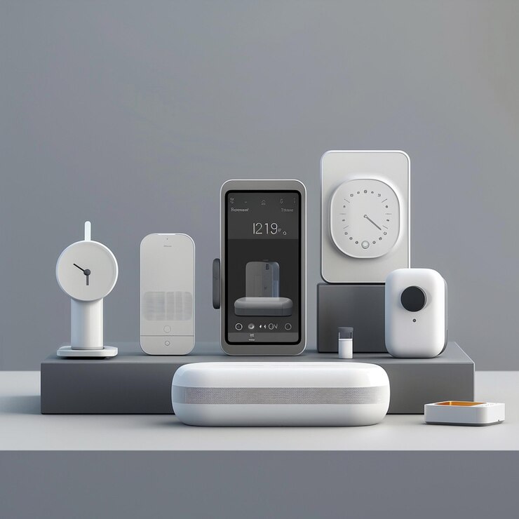 A modern collection of smart home devices displayed on a sleek surface. The arrangement includes a smartphone with a touchscreen, a digital clock, a smart speaker, and a small sensor, all designed in a minimalist white aesthetic.
